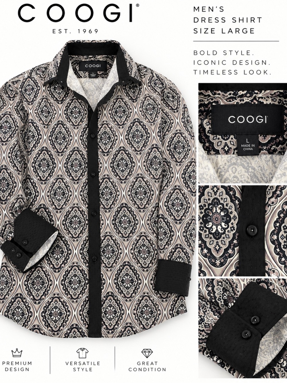 COOGI Black and Cream Geometric Medallion Dress Shirt